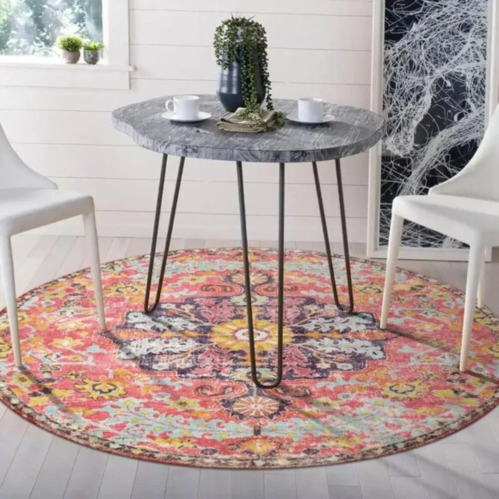 New 4Ft Hot Pink Round Rug, Floral Washable Carpet for Any Indoor Space